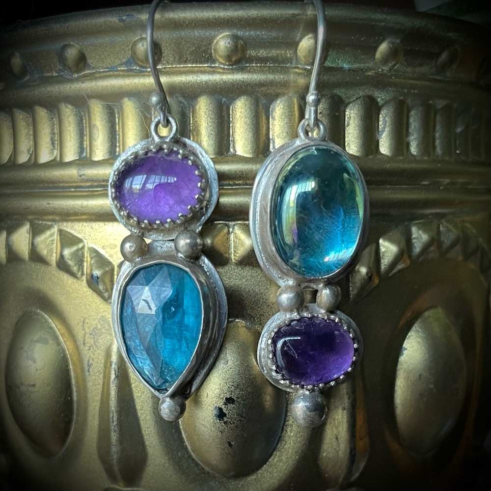 Sterling Silver Mismatched Teal Kyanite and Amethyst earrings